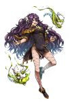  1girl black_nails boots bracelet breasts covered_navel green_eyes hair_ornament jewelry long_hair looking_at_viewer nail_polish open_mouth original pointy_ears purple_hair simple_background skull skull_hair_ornament smile solo white_background yanagida_fumita 