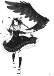  1girl absurdres braid dress feathers frilled_dress frills hat highres kneehighs long_hair monochrome original san_(pixiv2402528) solo wings 