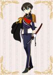  1boy black_hair blue_eyes cape cosplay gloves horikawa_kunihiro ichigo_hitofuri ichigo_hitofuri_(cosplay) male_focus military military_uniform ot-nm smile sword touken_ranbu uniform wakizashi weapon white_gloves 