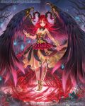  1girl armband bracelet dragon&#039;s_shadow dress feathered_wings horns jewelry long_hair magic_circle official_art red_eyes redhead shadowgrave solo wings 
