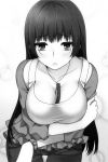  1girl absurdres bent_over between_breasts blush breast_hold breasts cleavage collarbone highres jacket jewelry large_breasts long_hair looking_at_viewer monochrome necklace off_shoulder open_mouth scan solo uruu_gekka watch watch 