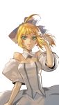  1girl ahoge bare_shoulders blonde_hair bow detached_sleeves fate/stay_night fate/unlimited_codes fate_(series) green_eyes hair_bow narrator_(nobody) ponytail saber saber_lily solo 