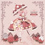  1girl :q candy candy_cane dress english food food_as_clothes food_themed_clothes fruit gloves hair_as_food highres original parasol personification pink_eyes pink_hair rednian ribbon rollcake solo strawberry tongue tongue_out umbrella whipped_cream 