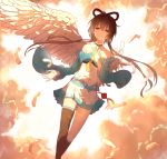  1girl asymmetrical_wings bare_shoulders black_hair detached_sleeves feathered_wings green_eyes hair_ornament hair_rings hand_on_own_chest highres lan_jue long_hair luo_tianyi necktie skirt solo vocaloid wings 