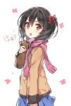  1girl bow cozyquilt hair_bow looking_at_viewer love_live!_school_idol_project open_mouth red_eyes scarf short_hair solo twintails yazawa_nico 