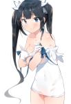  1girl black_hair blue_eyes blush breasts cleavage cleavage_cutout ddal dress dungeon_ni_deai_wo_motomeru_no_wa_machigatteiru_darou_ka gloves hair_ribbon hestia_(danmachi) highres holding large_breasts long_hair looking_at_viewer off_shoulder rei_no_himo revision ribbon smile solo twintails undressing very_long_hair white_background white_dress white_gloves 