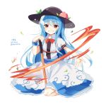  1girl amano_kenpi blue_hair bowtie food fruit grin hat hinanawi_tenshi long_hair peach puffy_short_sleeves puffy_sleeves rainbow_gradient rainbow_order red_eyes shirt short_sleeves simple_background skirt smile solo sword_of_hisou touhou twitter_username very_long_hair white_background 