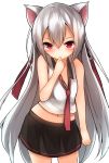  1girl animal_ears bare_arms blush finger_to_mouth hair_ribbon long_hair looking_at_viewer midriff mizushina_minato navel necktie original red_eyes ribbon silver_hair skirt solo very_long_hair 