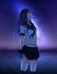  1girl arms_behind_back blue_hair closed_eyes highres long_hair looking_up lynx-shrike midriff navel neckerchief night night_sky original parted_lips pleated_skirt school_uniform skirt sky solo star_(sky) starry_sky 