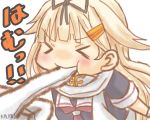  &gt;_&lt; 1boy 1girl admiral_(kantai_collection) blonde_hair chibi commentary_request eating finger_in_mouth hair_flaps hair_ornament hair_ribbon hairclip kantai_collection neckerchief remodel_(kantai_collection) ribbon scarf school_uniform serafuku signature solo taisa_(kari) translated white_scarf yuudachi_(kantai_collection) 