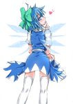  1girl back blue_hair blush bow cirno finger_to_mouth hair_bow heart ice ice_wings kirino_souya looking_back solo thigh-highs touhou white_background white_legwear wings 