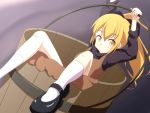  1girl blonde_hair bow brown_dress bucket cato_(monocatienus) dress hair_bow in_bucket in_container kurodani_yamame long_sleeves looking_at_viewer ponytail shirt sitting solo touhou wooden_bucket yellow_eyes 