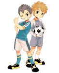  2boys ball brown_hair full_body gloves grin ieiieiiei inazuma_eleven inazuma_eleven_(series) inazuma_japan male_focus multiple_boys one_eye_closed short_hair simple_background smile soccer_ball soccer_uniform sportswear standing tachimukai_yuuki telstar utsunomiya_toramaru white_background 