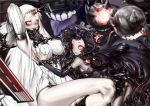  akaiyou armpits arms_up black_hair blush breast_grab breasts claws detached_sleeves dress gothic_lolita horn horns isolated_island_oni kantai_collection large_breasts lolita_fashion long_hair looking_at_viewer multiple_girls pale_skin pantyhose red_eyes ribbed_dress seaport_hime shinkaisei-kan short_dress sideboob smile tears very_long_hair white_hair 