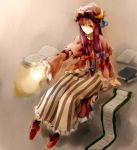  1girl book capelet coat crescent_hair_ornament fireball grimoire hair_ornament hair_ribbon jan_(artist) long_hair long_sleeves mob_cap open_clothes open_coat panties patchouli_knowledge purple_hair ribbon scroll sitting solo striped striped_panties touhou tress_ribbon underwear very_long_hair violet_eyes wide_sleeves 