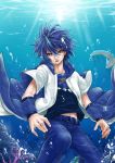  1boy artist_request belt blue_hair bubble coral_reef denim dratini fish jeans pants personification pokemon red_eyes sharpedo underwater 