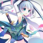  1girl arm_up armpits bike_shorts blue_eyes detached_sleeves flower fruit_punch hairband hitodama katana konpaku_youmu konpaku_youmu_(ghost) looking_at_viewer open_mouth short_hair silver_hair skirt solo sword touhou vest weapon 