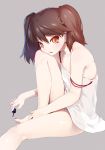  1girl bare_shoulders brown_eyes brown_hair dress flat_chest grey_background holding kantai_collection looking_at_viewer nail_polish nilitsu off_shoulder open_mouth painting_nails ryuujou_(kantai_collection) sitting solo strap_slip sundress twintails 