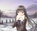 black_hair blush bowtie clouds cloudy_sky eyebrows_visible_through_hair fence grey_eyes long_hair looking_at_viewer mountain original road scarf sky snow tree usanoha winter winter_clothes 