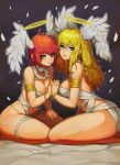  2girls armlet bare_shoulders blonde_hair blue_eyes bracelet breasts cleavage earrings feathers gurimjang halo head_wings holding_hands jewelry large_breasts light_smile lips long_hair looking_at_viewer multiple_girls o-ring original parted_lips thighs 