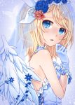  1girl alternate_costume bare_shoulders blonde_hair blue_eyes blue_gloves blue_rose choker crying crying_with_eyes_open feathered_wings flower frills gloves hair_flower hair_ornament kagamine_rin looking_at_viewer rose short_hair solo tears vocaloid wings yayoi_(egoistic_realism) 
