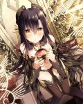  1girl black_hair blush breasts cleavage cup detached_sleeves highres long_hair looking_at_viewer naruhodo_usagi navel open_mouth original sitting solo tea teacup thigh-highs throne yellow_eyes 