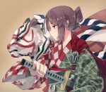  1girl brown_hair cape folded_ponytail green_eyes hitomai holding_sword japanese_clothes kimono obi original pointy_ears sash sheath sheathed solo sword tiger weapon 