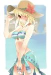  1girl animal_ears arm_up bandeau bare_shoulders beach bikini blonde_hair breasts cleavage contrapposto final_fantasy final_fantasy_xiv flower hat highres kochiya_(gothope) long_hair miqo&#039;te red_eyes sarong solo sun_hat swimsuit tail 