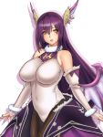  1girl bare_shoulders black_legwear breasts character_request elbow_gloves emil_chronicle_online fingerless_gloves gloves horns large_breasts lintanghaseo long_hair looking_at_viewer open_mouth pantyhose purple_hair solo white_background wings yellow_eyes 