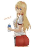  1girl aemu_(august_life) ass bismarck_(kantai_collection) blonde_hair blue_eyes bottle breasts character_name highres kantai_collection large_breasts long_hair looking_back shorts smile solo t-shirt water_bottle 