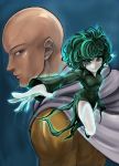  1boy 1girl bald black_dress cape curly_hair dress green_eyes green_hair highres onepunch_man saitama_(onepunch_man) short_hair superhero takasakiyama_monmon tatsumaki 