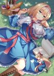  1girl alice_margatroid basket blonde_hair book boots bow bread breasts brown_boots capelet cover cover_page cross-laced_footwear cup doujin_cover dress food fruit grapes grass green_eyes hair_bow hairband hitsuki_rei knee_boots long_hair long_sleeves looking_at_viewer lying on_side outdoors parted_lips ribbon shanghai_doll short_hair solo touhou wine_bottle wine_glass 