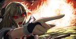  1girl backlighting commentary explosion fire glowing glowing_eyes hair_flaps hair_ornament hair_ribbon hairclip highres kanoreno_(rugia-anko) kantai_collection open_mouth pointing red_eyes ribbon scratches shouting solo yuudachi_(kantai_collection) 