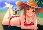  1girl barefoot bikini blush bow breasts brown_eyes brown_hair cleavage error hair_bow hat idolmaster idolmaster_cinderella_girls igarashi_kyouko long_hair lying on_stomach side_ponytail smile solo swimsuit umihotaru_harumare 