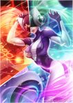  1girl alternate_costume breasts cowboy_shot dj green_hair league_of_legends long_hair magion02 mask multicolored_hair redhead signature skin_tight solo sona_buvelle twintails watermark web_address 