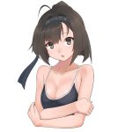  1girl ahoge akizuki_(kantai_collection) bare_shoulders black_eyes black_hair breast_hold breasts cleavage collarbone crossed_arms hairband kantai_collection konnyaku_(kk-monmon) one-piece_swimsuit open_mouth ponytail simple_background solo swimsuit upper_body white_background 