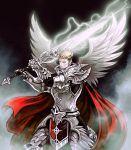  1boy angel_wings armor artist_request cape chaos_online elcid_(chaos_online) gauntlets light_brown_hair male_focus official_art short_hair solo sword weapon wings 