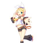  1girl :d aqua_eyes artist_request belt blonde_hair bow detached_sleeves headphones highres kagamine_rin one_eye_closed open_mouth shorts smile solo transparent_background uchi_no_hime-sama_ga_ichiban_kawaii vocaloid 