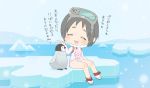  1girl bird black_hair chibi closed_eyes glacier goggles goggles_on_head ice kantai_collection maru-yu_(kantai_collection) open_mouth patting_head penguin pqmoshi school_swimsuit short_hair sitting solo swimsuit 