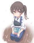  1girl bangs blush brown_eyes brown_hair cherry_blossoms japanese_clothes kaga_(kantai_collection) kantai_collection muneate petals seiza side_ponytail sitting solo tokoi white_background wooden_floor younger 