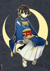  1boy black_hair blue_eyes cosplay crescent_moon horikawa_kunihiro japanese_clothes male_focus mikazuki_munechika mikazuki_munechika_(cosplay) moon ot-nm sitting touken_ranbu 