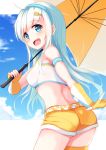  1girl ass bare_shoulders blue_eyes blue_sky clouds crop_top elbow_gloves gloves highres igakusei long_hair midriff open_mouth original parasol racequeen shorts silver_hair sky smile solo umbrella very_long_hair yellow_gloves 