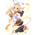  1girl :d aqua_eyes artist_request belt blonde_hair bow detached_sleeves headphones highres jumping kagamine_rin microphone open_mouth shorts smile solo transparent_background uchi_no_hime-sama_ga_ichiban_kawaii v vocaloid 