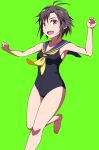  1girl antenna_hair barefoot black_hair black_swimsuit green_background idolmaster kikuchi_makoto one-piece_swimsuit open_mouth puge running sailor_collar short_hair small_breasts smile solo swimsuit toes violet_eyes 