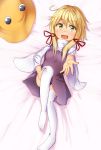  1girl blonde_hair dress hair_ribbon hat hat_removed headwear_removed high_collar kyuu-fairy000 leg_hold long_sleeves looking_at_viewer lying moriya_suwako on_back on_bed open_mouth outstretched_hand payot ribbon short_hair solo thigh-highs touhou white_legwear wide_sleeves yellow_eyes 