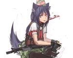  1girl animal_ears assault_rifle black_legwear blue_hair brown_eyes bullet dog_ears dog_tail fang fingerless_gloves galil_ar_(upotte!!) gloves gun happy_birthday hat highres imi_galil indian_style load_bearing_vest long_hair pan!ies pantyhose party_hat party_horn rifle school_uniform serafuku sitting sketch skirt solo tail upotte!! weapon 