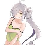  1girl ahoge bare_shoulders breast_hold breasts camisole cleavage hair_over_one_eye kantai_collection konnyaku_(kk-monmon) long_hair side_ponytail silver_hair simple_background small_breasts solo strap_slip very_long_hair white_background wince yellow_eyes 