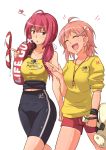  2girls ahoge alternate_costume bare_shoulders cowboy_shot diving_suit hair_ornament high_ponytail highres i-168_(kantai_collection) i-58_(kantai_collection) kakileaf kantai_collection lifebuoy lifeguard megaphone midriff multiple_girls open_mouth pink_hair redhead short_hair shorts simple_background t-shirt whistle white_background 