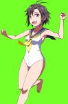  1girl antenna_hair barefoot black_hair green_background idolmaster kikuchi_makoto one-piece_swimsuit open_mouth puge running sailor_collar short_hair small_breasts smile solo swimsuit toes violet_eyes white_swimsuit 