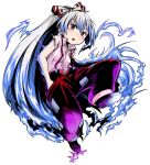  1girl afolo blue_fire fire fujiwara_no_mokou full_body hair_ribbon hand_in_pocket high_ponytail jumping long_hair open_mouth pink_eyes ponytail red_pants ribbon simple_background solo torn_clothes torn_sleeve touhou urban_legend_in_limbo very_long_hair white_hair 